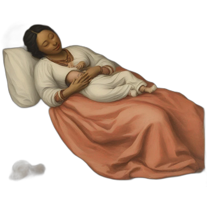 The tribal polish woman sleeping in bed with a babies, 17th century, emoji