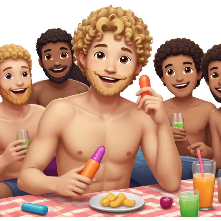 A shirtless young man with curly hair and a beard sits at a party table, smiling tipsy and amused. He’s holding a rubber dildo with a playful, surprised look. Friends laugh around him, drinks and party vibes in the background. emoji