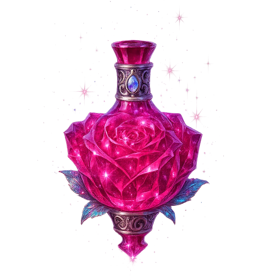 luxurious crystal elixir bottle in rose flower shape, deep pink color, ornate silver and iridescent details, ultra intense magical glowing and sparkling effects, very small neck, seamless bottom, bottle clearly floating in air, no base or shadow, modern, collection style emoji