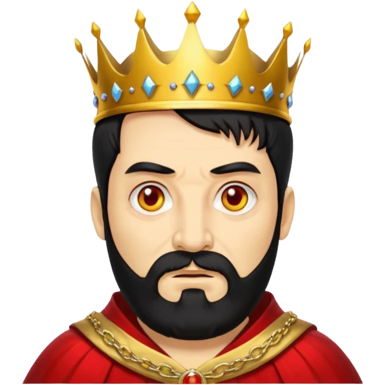 


an old king with yellow skin, red eyes, 60 years old, black hair, black beard, wearing a crown, red robe, fierce face
 emoji
