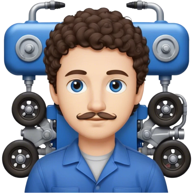 young mechanic with short dark brown curly hair, thin mustache and blue eyes. Cute emoji