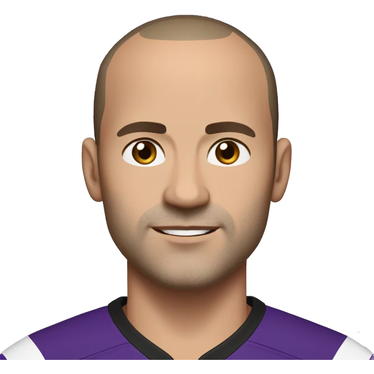 45-year-old man with a slightly round face, very short, almost shaved hair with a small central crest and a slightly receding hairline. He has brown eyes, subtle stubble, and wears a black and purple soccer jersey. emoji