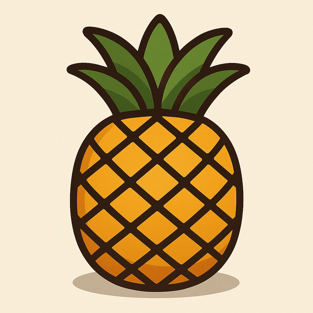Create a pineapple emoji in a flat toon style with flat, simple shapes, soft shading, bold outlines, a friendly emoji look, and add a soft shadow under the pineapple, closely matching the reference image. emoji