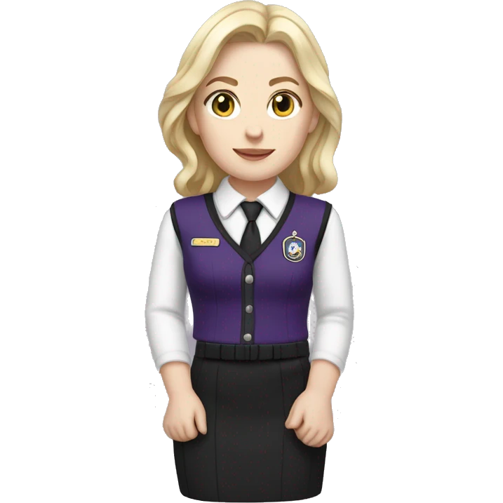 Emma Myers with blonde hair pale skin wearing purple with black stripes uniform vest and skirt emoji