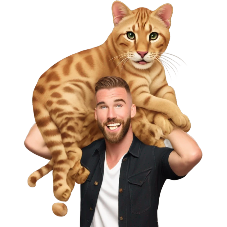 Taylor swift and Travis Kelce holding a bengal cat in the air like Rafiki holds Simba in the lion king  emoji