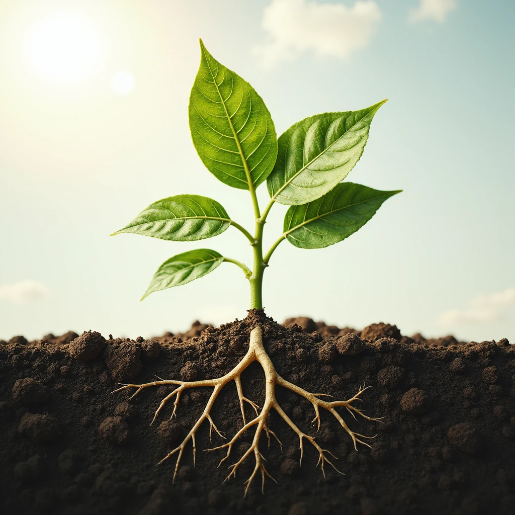 highly realistic detailed whole plant absorbing sunlight, clear depiction of water uptake from roots and CO2 entering leaves, showing fine botanical details, no background, transparent background emoji