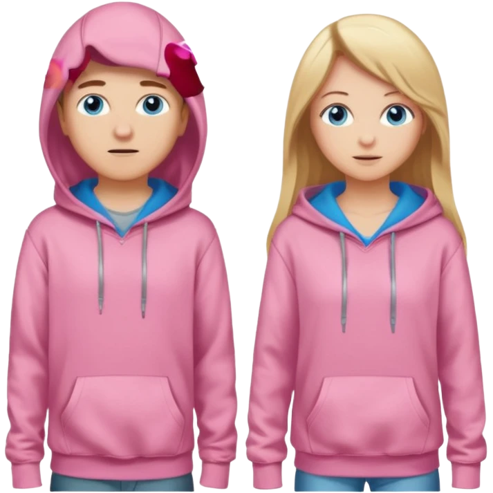 full-length couple, girl with long blonde hair and blue eyes in pink hoodie, boy with brown hair in gray hoodie emoji