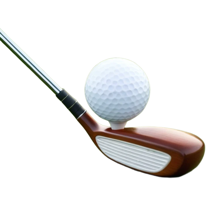 A golf ball on a tee with a golf club placed beside it, set against the backdrop of a well-manicured green golf course. The scene emphasizes the equipment and serene atmosphere of the sport, with soft lighting and a peaceful, open landscape emoji