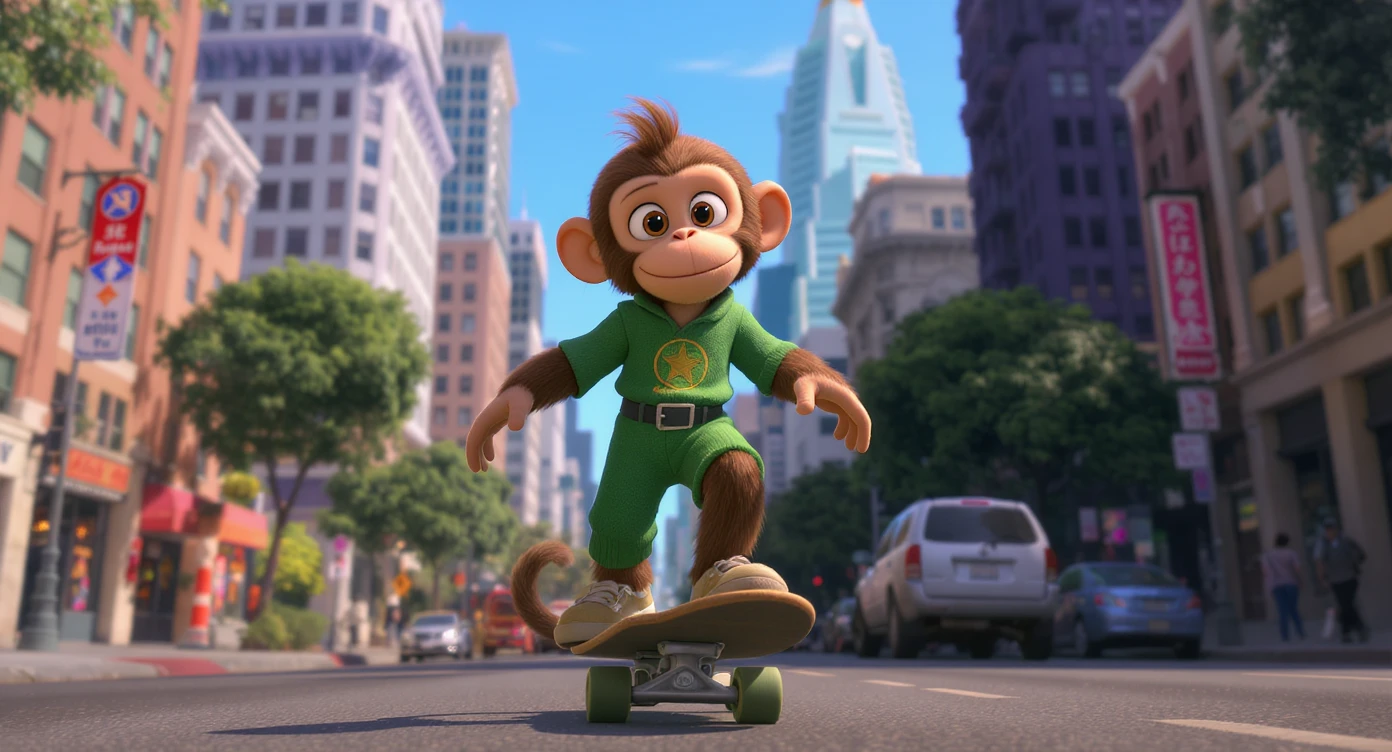 Disney style Cinematic still scane, Low angle shot, monkey dress in green outfit, monkey ride on skateboard, san francisno downtown with city lanscape, blue clean sky, captured by ARRI Alexa XT, soft cinematic lightning, back light, inspired by ToyStory 4 emoji
