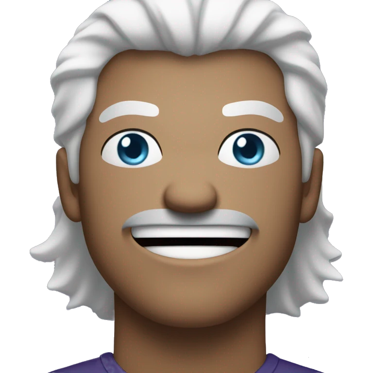 guy with white hair and blue eyes. hair is scrambled and background is darkish purple. no facial hair. angry but laughing emoji