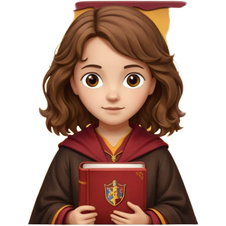 Illustrate Hermione Granger with wavy brown hair, Gryffindor robe & holding a book or wand emoji