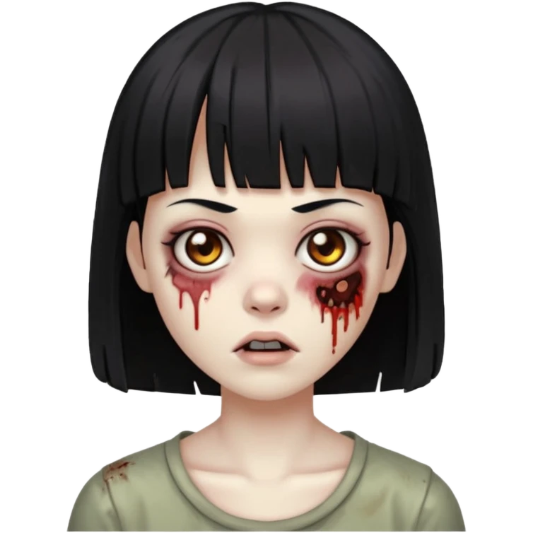 Uma zumbi com os cabelos pretos, mediano, liso e com franja, olhos castanhos emoji