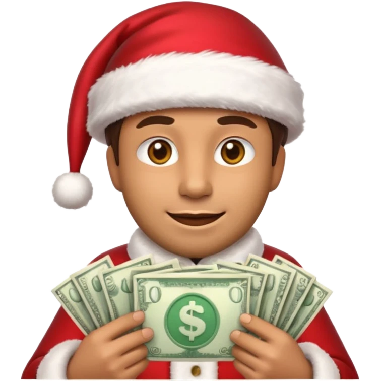 A confident rich emoji face wearing a Santa hat, money stacks, casino vibe, New Year theme, premium 3D emoji style, sharp details, no text, isolated on transparent background emoji