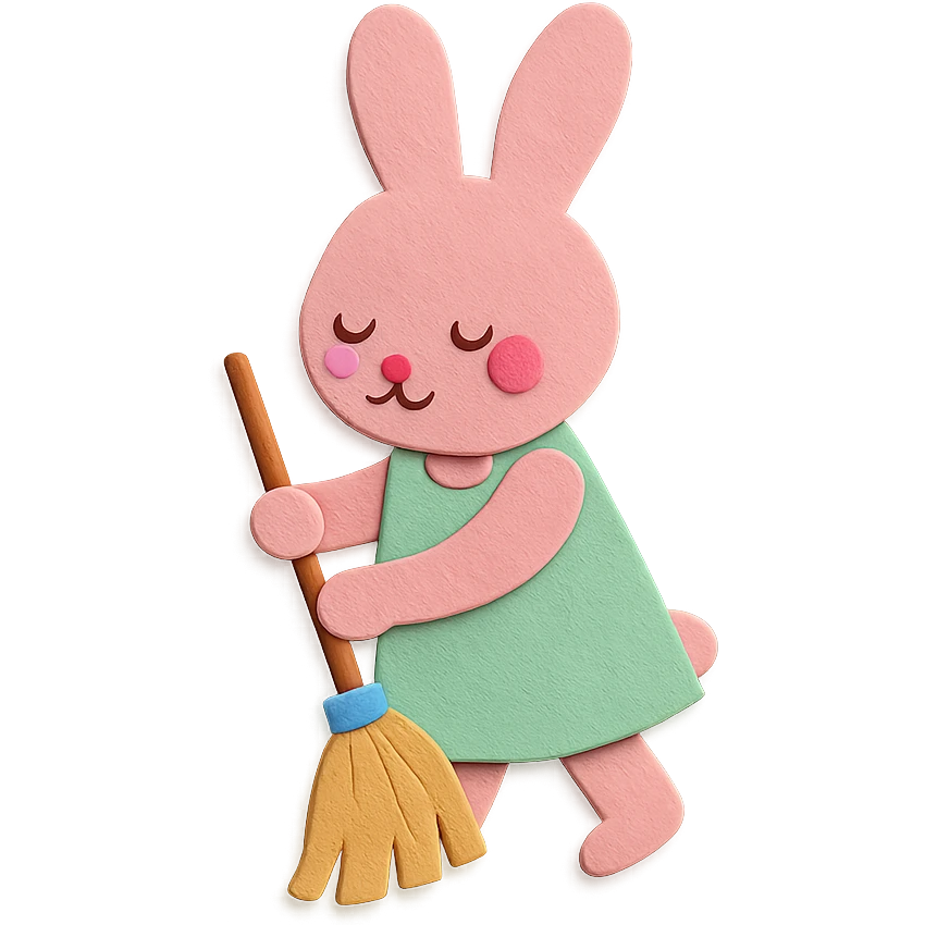 rosy bunny sweeping floor with broom, paper-craft style emoji