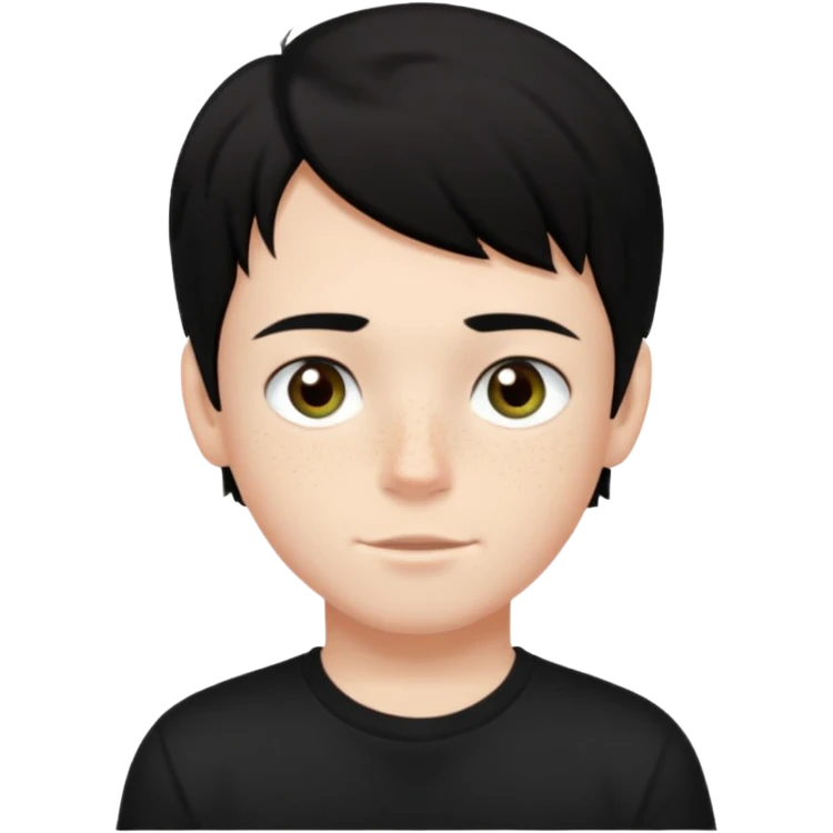 A boy with dark black hair and hazel green and brown eyes and white skin , with freckles and black t shirt  emoji
