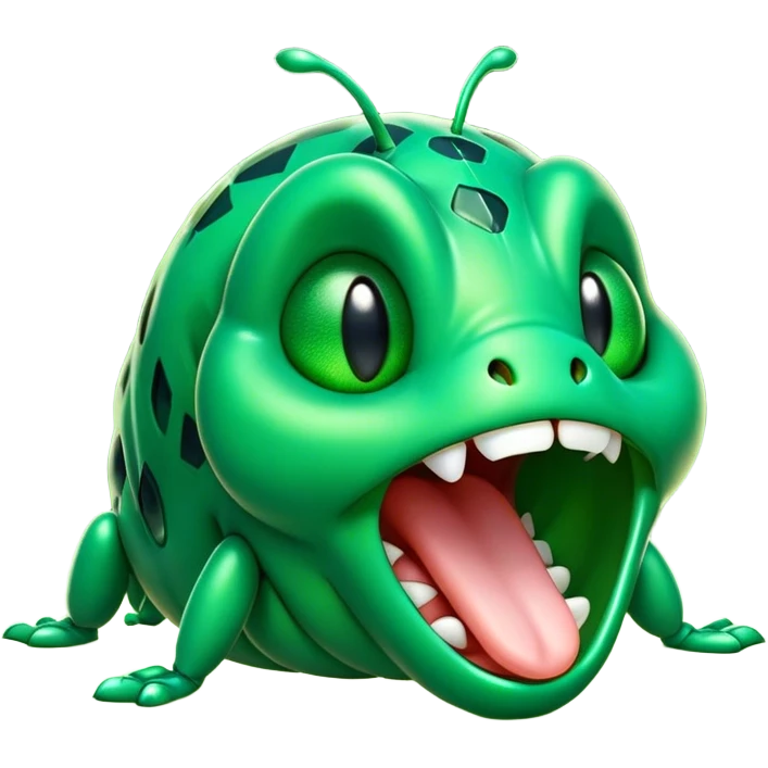 Cinematic Cute Yawning Green Bugdie Portrait Emoji, Head tilted slightly with a dramatic, wide-open yawn, showcasing a smooth, vibrant emerald exoskeleton with delicate patterns and tiny drooping antennae, round multifaceted eyes barely open in drowsy contentment, Simplified yet irresistibly adorable features, highly detailed, glowing with a soft, cozy glow, high shine, relaxed yet expressive, stylized with a touch of whimsy, bright and endearing, soft glowing outline, capturing the essence of a sleepy yet endearing insect, so drowsy it feels like it could stretch out of the screen and curl up for a nap! emoji