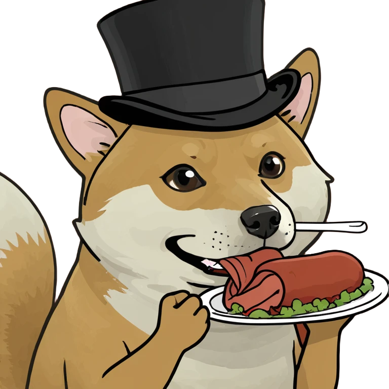 Shiba inu wearing a top hat eating a turkey leg emoji