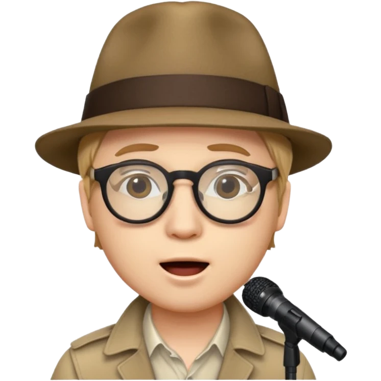 Patrick Stump from Fall Out Boy, emoji style, wearing a fedora and glasses, singing emoji