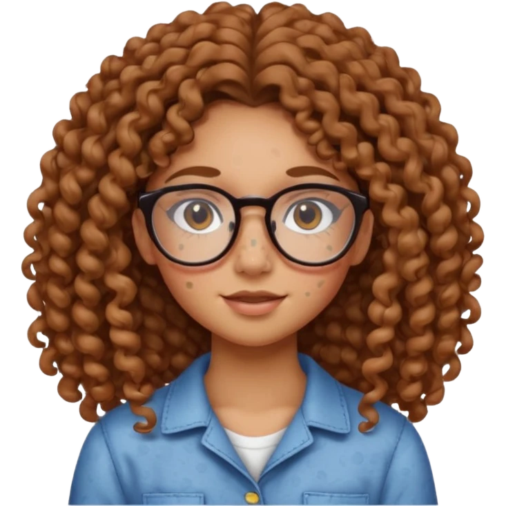 make a really curly hair, teen girl with glasses and little acne that looks like freckles longer like more than shoulder lengthcurly hair, and pretty withe makeup on giving clean girl vibes, and make her have tan skin more blush and really pretty, and the har is really really long

 emoji