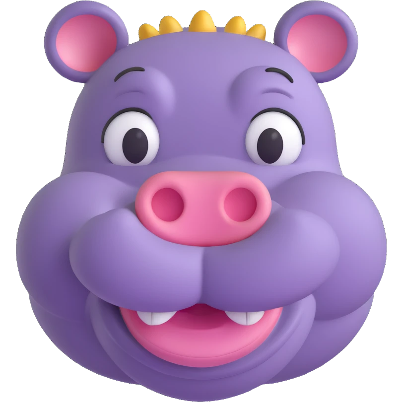 3D emoji style hippo face, smiling with small ears, playful and friendly emoji