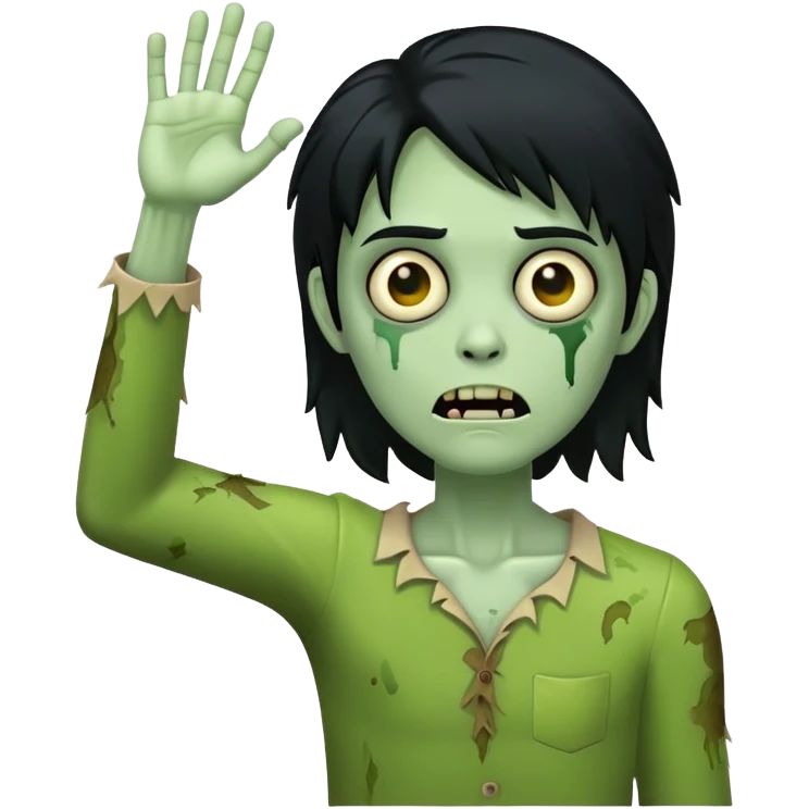 green zombie with one hand raised in the air and black hair emoji