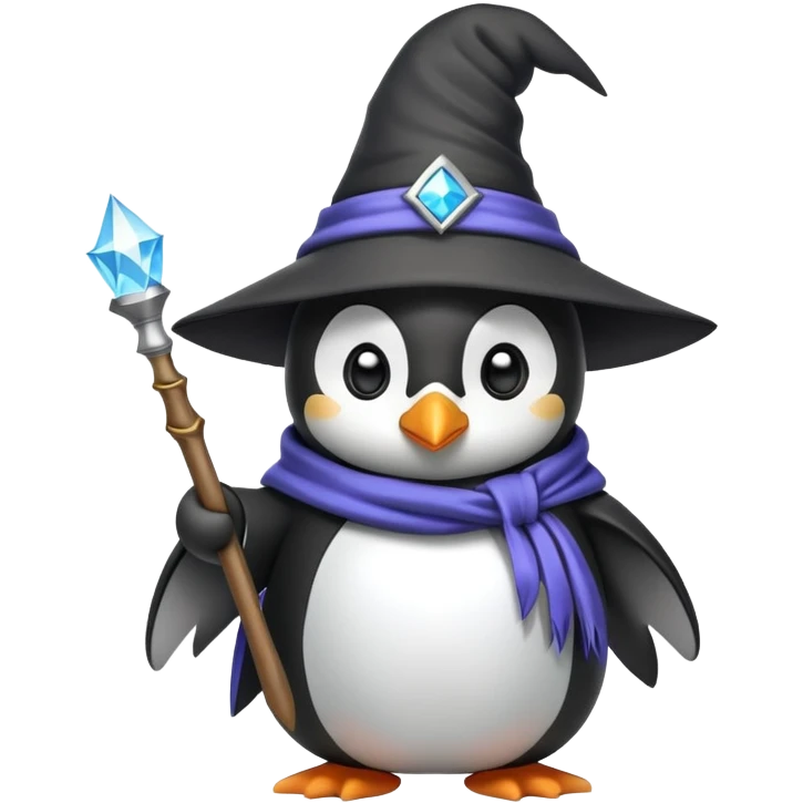 A cute penguin wearing a wizard hat and robe, holding a magic wand emoji