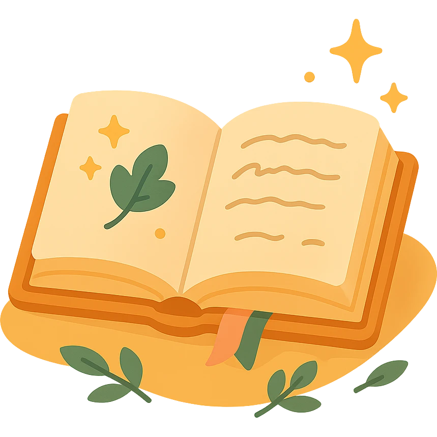 A cute open book lying on a cozy surface, designed in a soft and magical color palette: golden orange (FA9B41), deep forest green (4A7C5C), warm taupe brown (96775A), and pastel peach (FFCC9A). The pages are slightly aged with gentle curves, featuring whimsical illustrations, tiny stars, and elegant handwritten text. The book cover, visible beneath the open pages, has decorative patterns and a ribbon bookmark in peach and green tones. Around the book, add soft light, a few leaves, or glowing sparkles, creating a dreamy, enchanted, storybook-like atmosphere. The overall mood is warm, magical, and gentle emoji