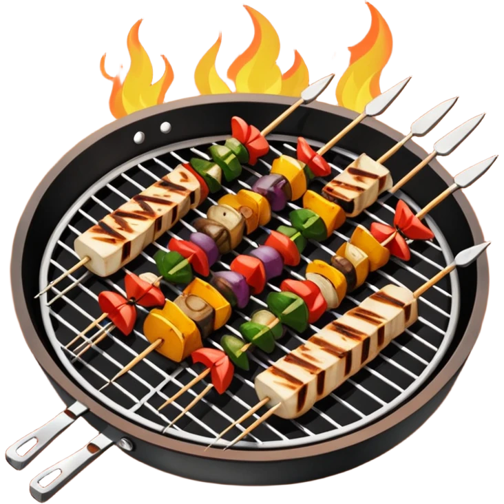 Grilled dishes avatar in bright emoji-style illustration. Skewers, BBQ, and grilled vegetables, warm fire tones, simple shapes, flat design, high contrast, tasty and inviting. emoji