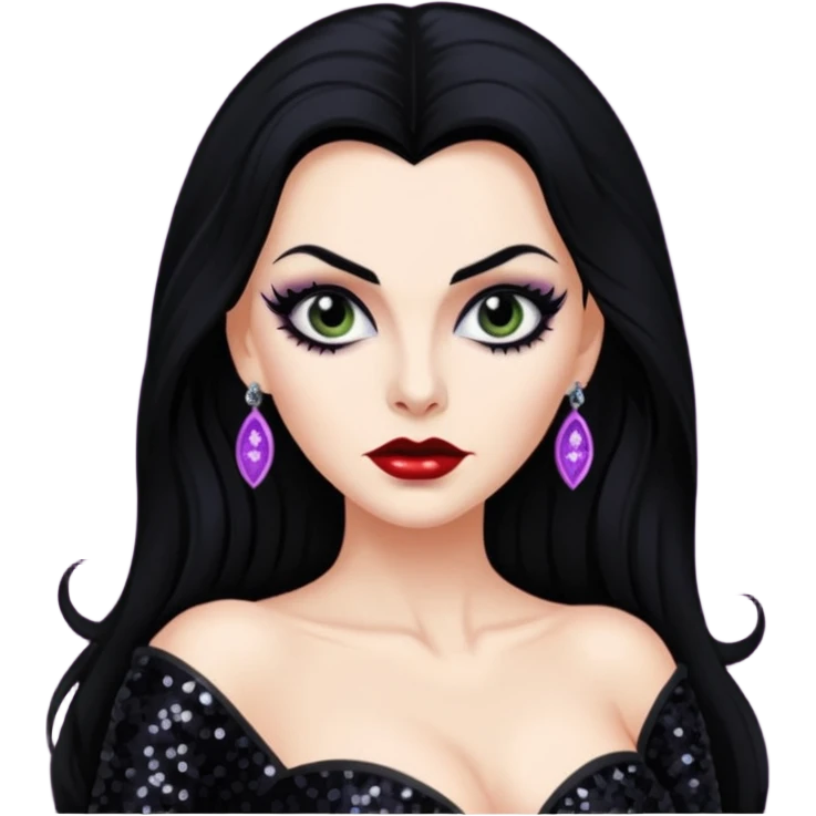 Vampira with long black hair, black sequin outfit emoji
