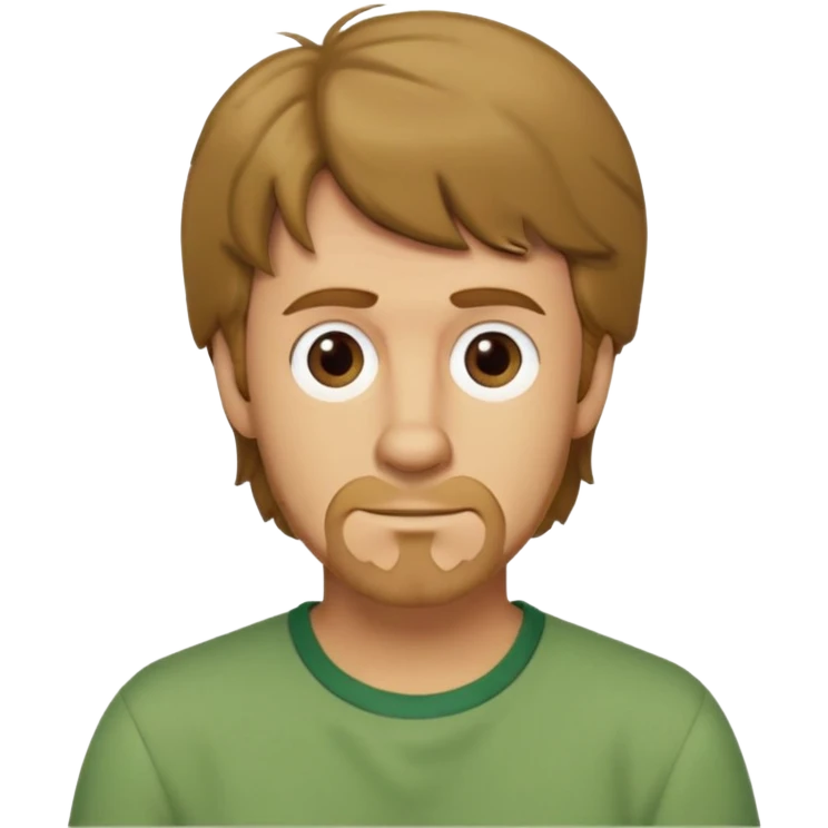 shaggy rogers caucasian man, dark blonde, no mustache, short goatee, brown eyes, green shirt from scooby doo emoji