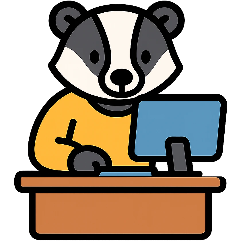 a badger at a desk with a computer, flat icon style emoji