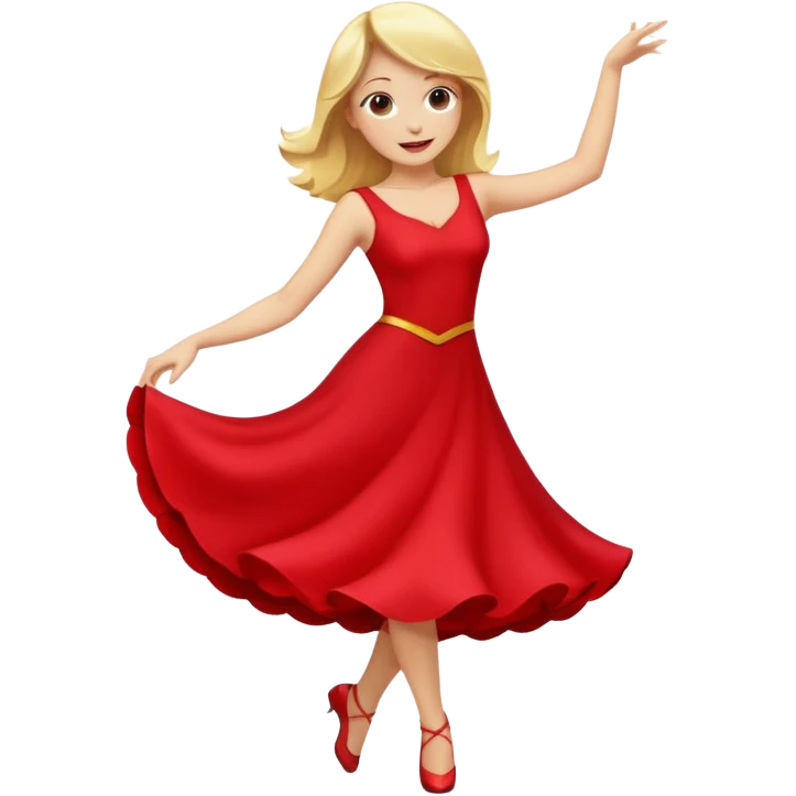 a yellow-blonde woman dancing wearing a red dress, in flat emoji / Apple style, smooth shapes, glossy highlights, bright saturated colors, simple features, minimal details, no outlines, red clothes flowing, joyful pose emoji