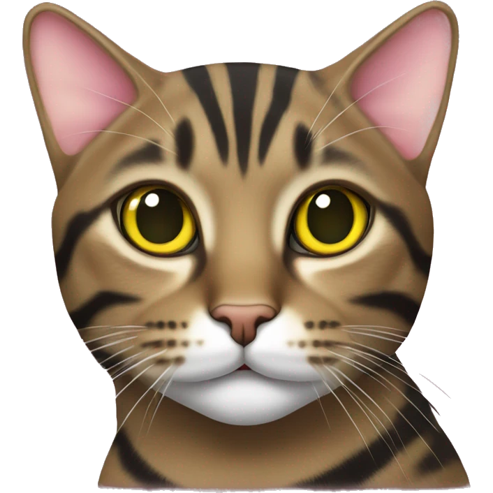 brown tabby cat with black stripes and yellow-green eyes and pink nose emoji