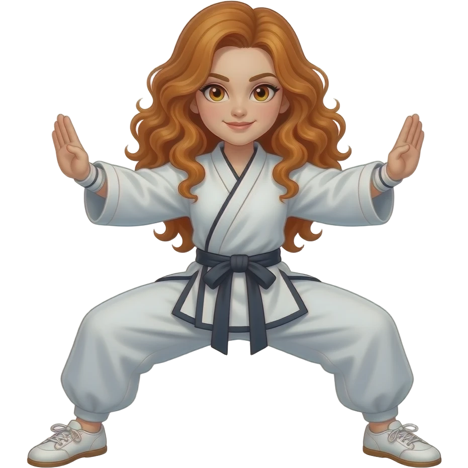 sexy girl with long curly ginger hair and ginger eyes is doing kungfu emoji