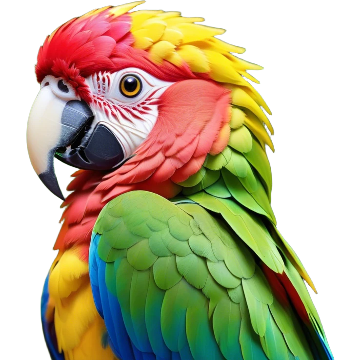 Cinematic Noble Macaw Portrait Emoji, Poised and regal, with vibrant, iridescent feathers in a spectrum of brilliant colors and sharp, intelligent eyes, Simplified yet sharp and sophisticated features, highly detailed, glowing with a soft, tropical radiance, high shine, majestic and graceful, stylized with an air of exotic elegance, focused and alert, soft glowing outline, capturing the essence of a watchful and confident avian guardian that seems ready to soar out of the screen with effortless authority! emoji
