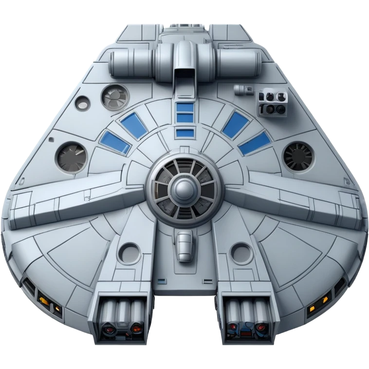 Millennium Falcon from Star Wars, emoji style, top view, many surface details, panels, antenna, circular cockpit, blue rear lights, metallic and gray tones, iconic shape emoji
