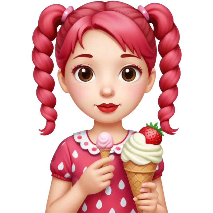 . A cute girl with pigtails, wearing a strawberry-patterned top, holding an ice cream. emoji