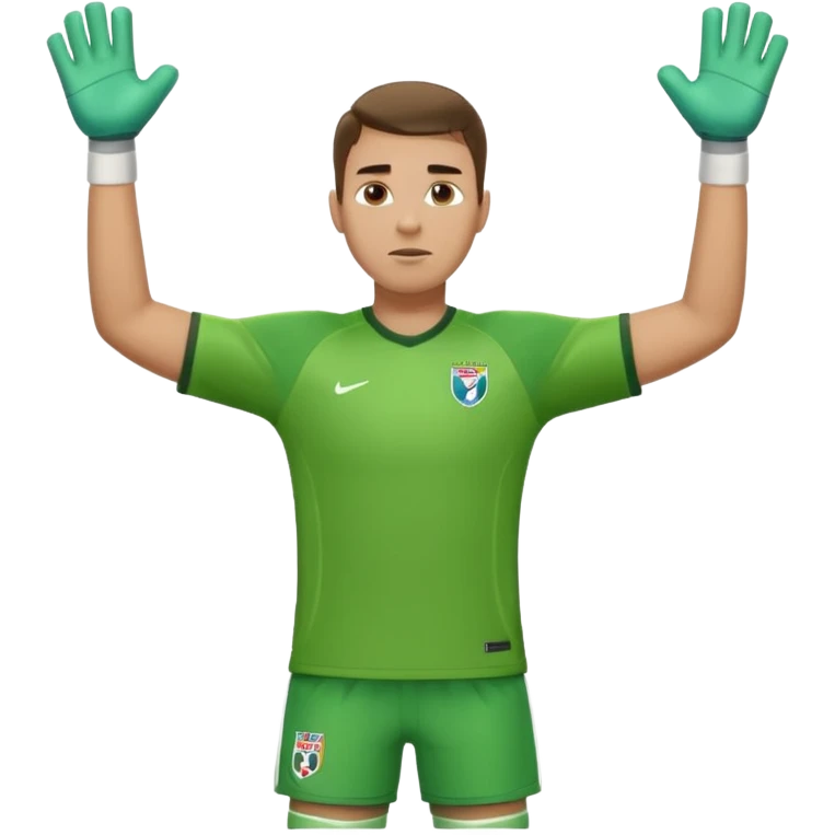 goalkeeper, standing, wearing a green shirt, shorts, socks and football boots, with arms raised emoji