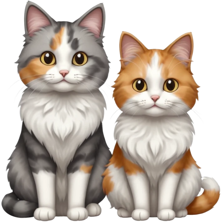 a realistic looking very fluffy grey and white cat sitting next to another cat emoji