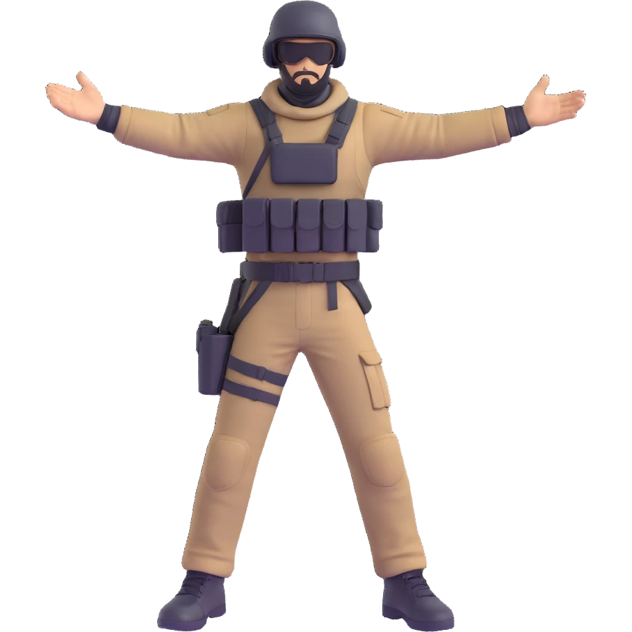 3D game style Counterstrike player model in T-pose, no background, suitable for Discord emoji