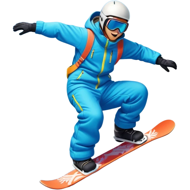 An icon featuring a snowboarder mid-jump, performing a stylish trick above a snowy mountain slope. The background showcases powdery snow, evergreen trees, and a bright blue sky. Transparent background captures the energy, skill, and thrill of snowboarding. emoji