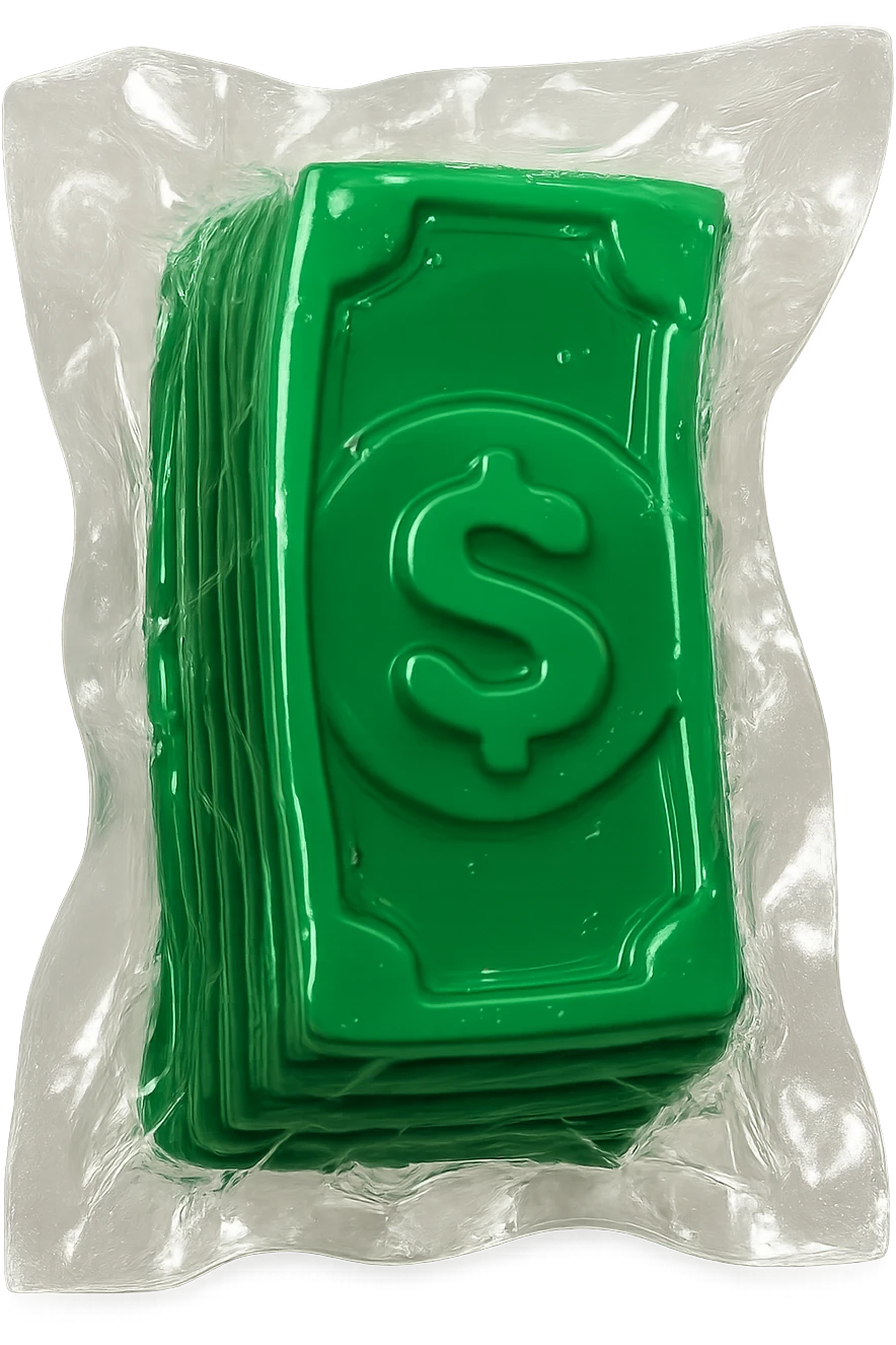 Make the stack of cash look more fun and playful, but also closer to actual cash. Keep the hard, shiny, toy-like plastic style with smooth, rigid, and glossy surfaces. Add more realistic cash details like bill shapes, green color, and playful but recognizable money features. No background. emoji