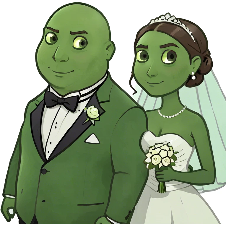 blue-eyed overweight bald man with a beard in a tux and brunette brown-eyed bride emoji