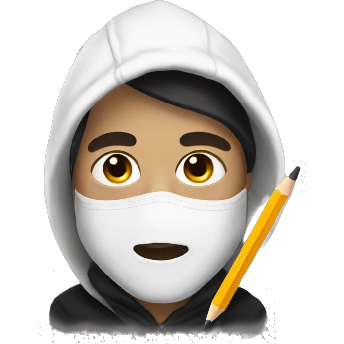 Male artist wearing white drama mask and black hoodie holding pencil emoji