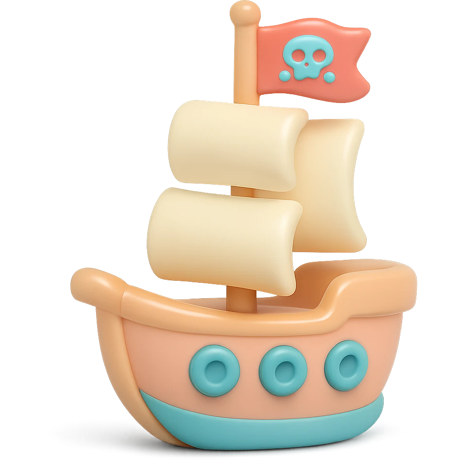 cartoon pirate ship with sails and flag, smooth glossy vinyl figure, minimalist design, pastel colors emoji