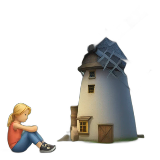 Children are sitting near the windmill emoji