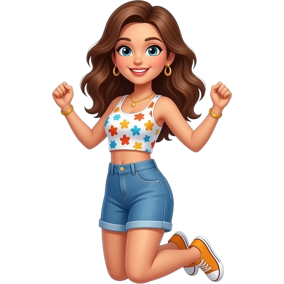 Jumping brunette lady  summer outfit emoji