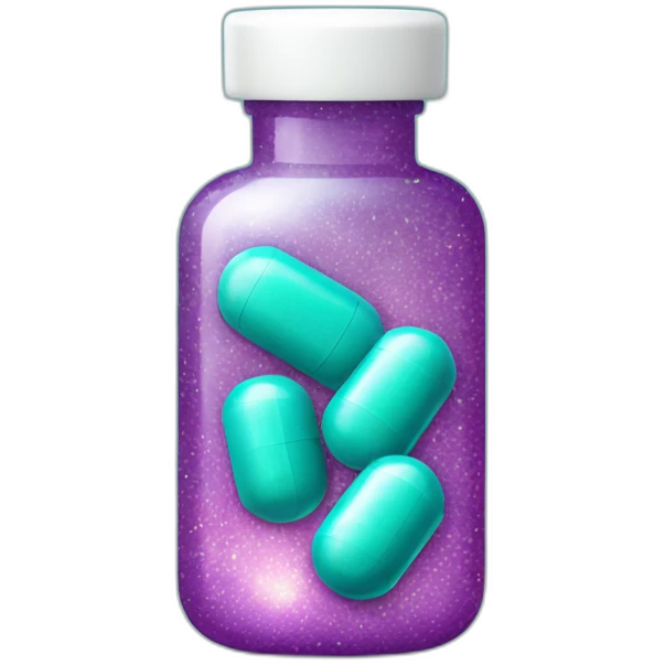 pill bottle with teal medicine capsule, sparkles and texture emoji