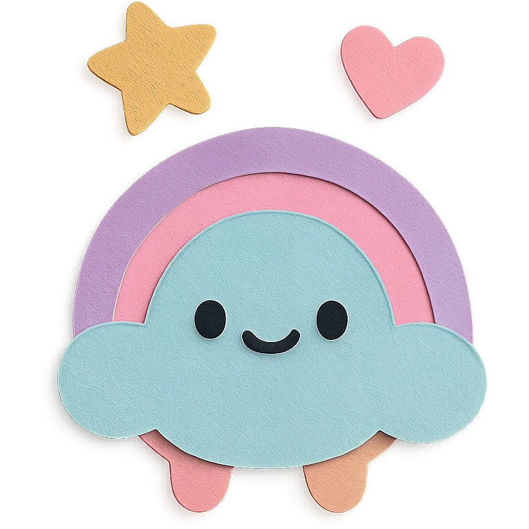 adorable pastel tiny rainbow, floating star and heart, no arms or legs, full body, kawaii paper craft style emoji