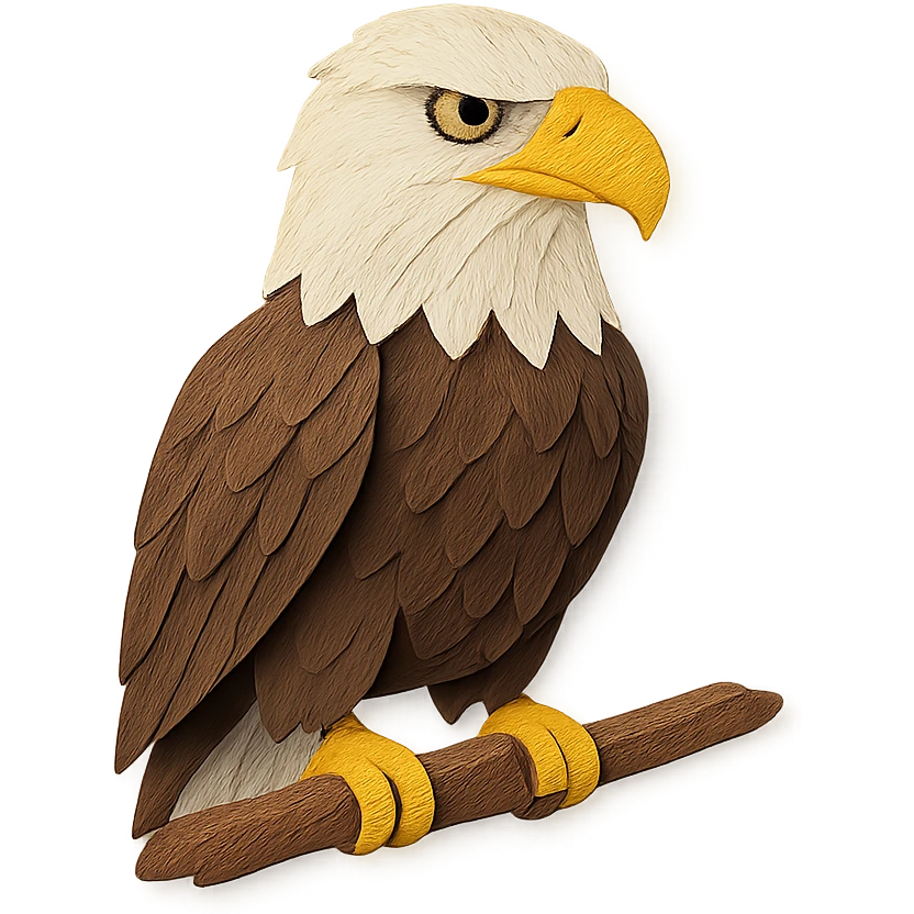 close-up of a bald eagle perched on a branch, fine paper edges, intense gaze, white and brown feather patterns, yellow beak emoji